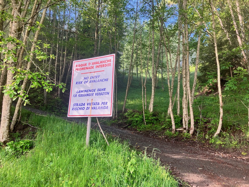 The start of a trail with a sign stating in several languages that entry to the trail is forbidden due to avalanche risk