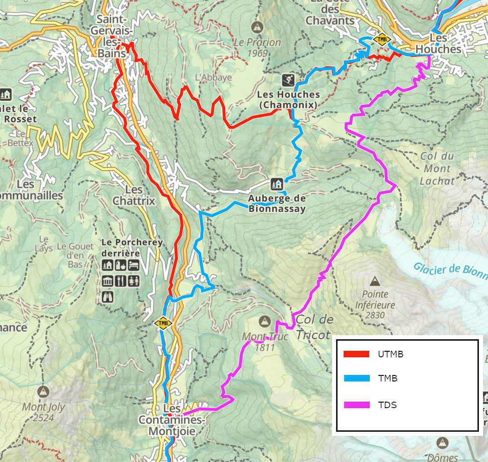 A section of a trail map showing three possible routes between Les Houches and Les Contamines
