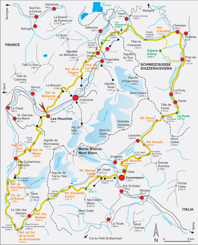 A stylized map of the Tour du Mont Blanc (TMB) route