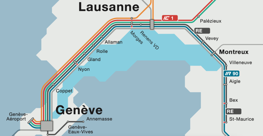 A stylised railway map of Switzerland, cropped to display just Geneva and Lausanne and the rail routes between and around them.